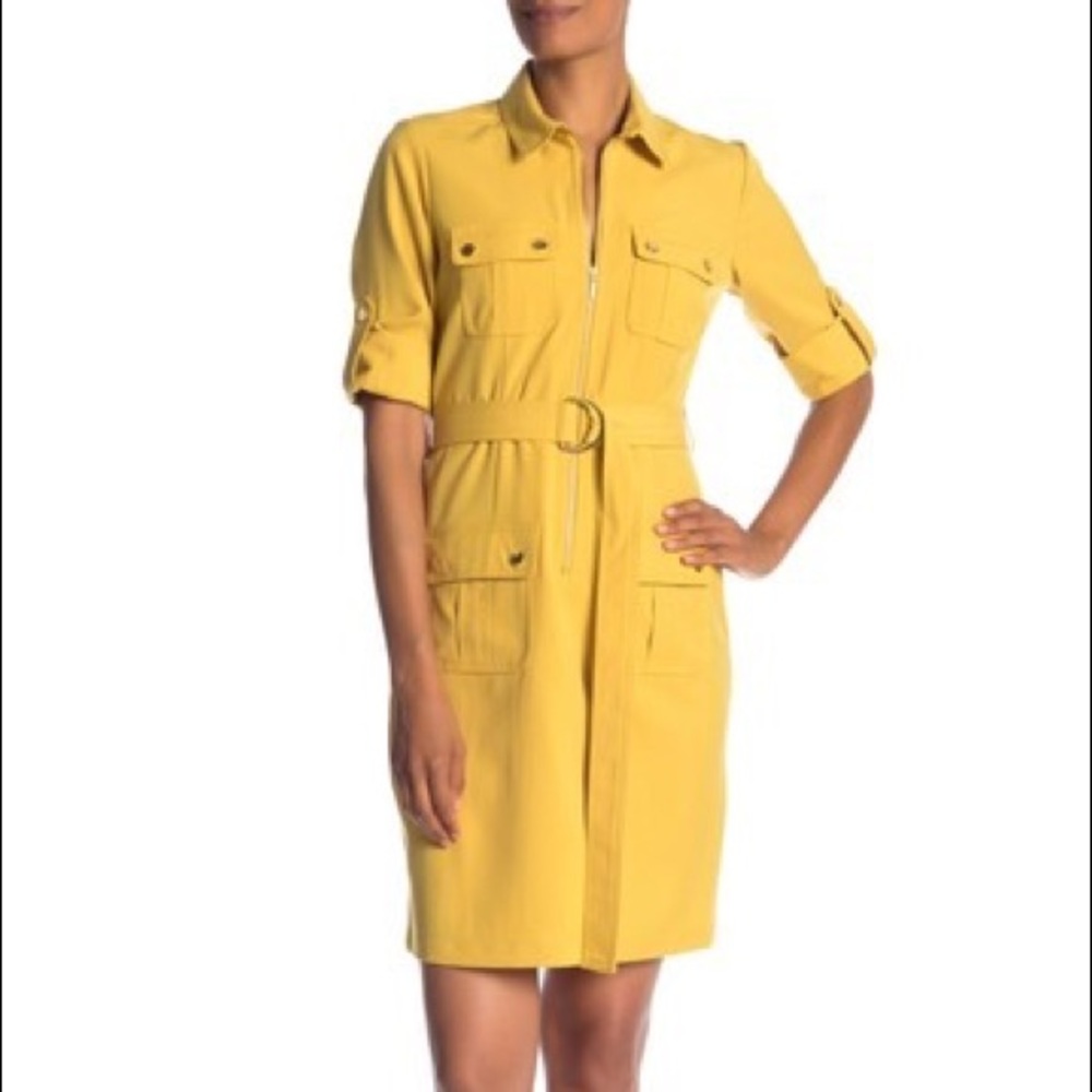 Sharagano Yellow Gold Utility Dress with belt.